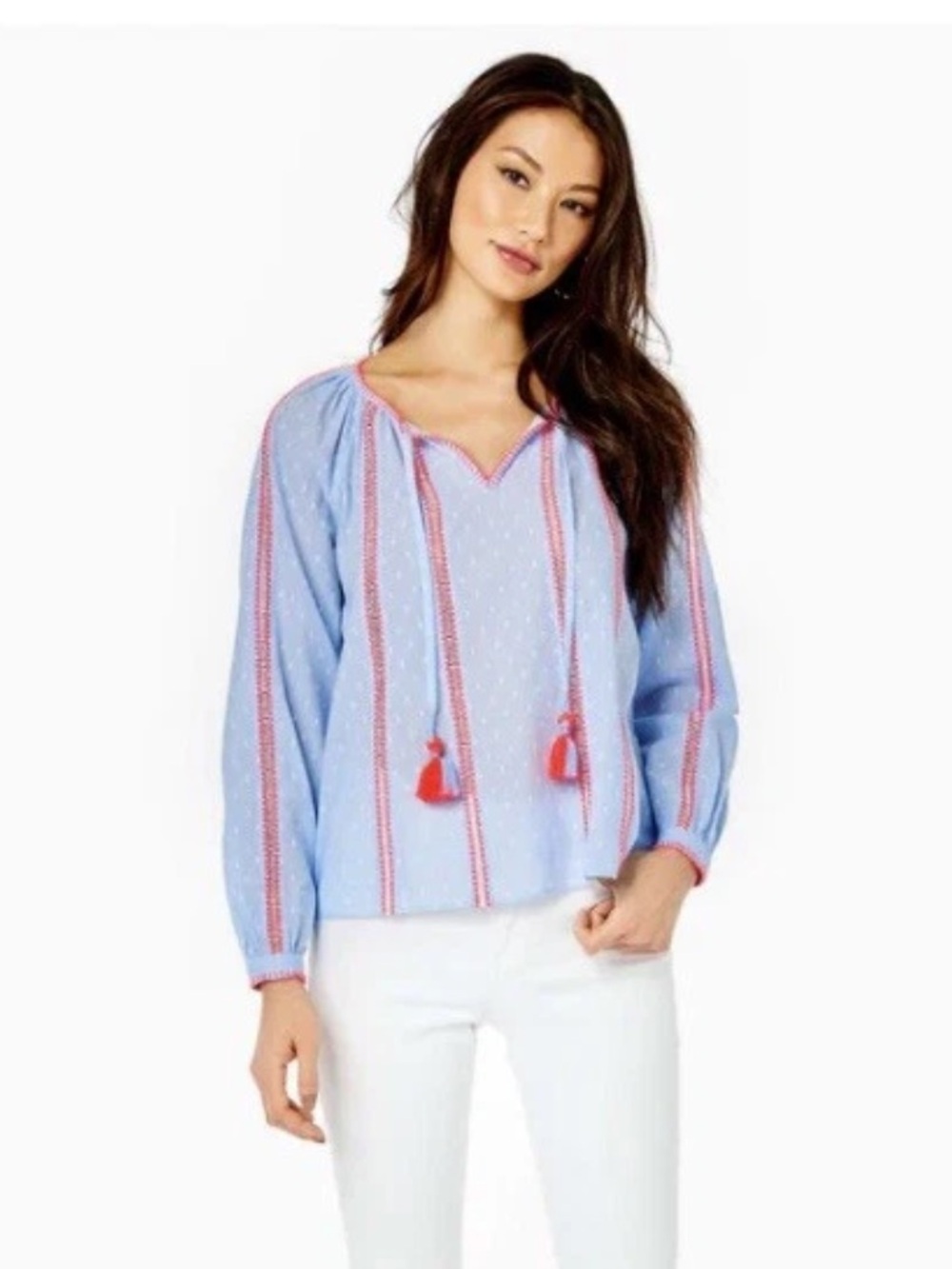 NWOT LILLY PULITZER Chambray Blouse Blue Peri Cotton Tassel Long Sleeve Size L